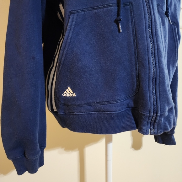 RARE Vintage Adidas Navy Blue Zip-up Hoodie With 3 White Stripes Women's Size L - Picture 5 of 10